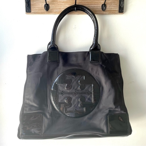 Tory Burch Ella Nylon Large Tote Bag Patent Leather Purse Black - Picture 1 of 9